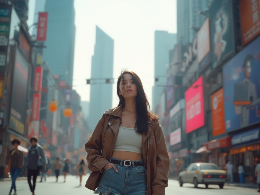 A 25-year-old Asian female named Jane standing confidently in the bustling streets of Shanghai, surrounded by modern skyscrapers and vibrant city life. She is dressed in trendy urban attire, exuding a contemporary and fashionable vibe. The backdrop features iconic Shanghai landmarks, capturing the essence of this dynamic metropolis, showcasing a blend of tradition and modernity. The lighting is bright, reflecting the energy of the city.