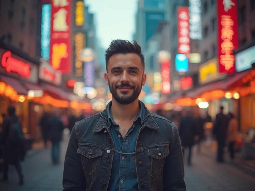 John, a 35-year-old Latin male, standing confidently in a vibrant Shanghai street. He is casually dressed, showcasing the blend of modern and traditional elements in the city. The background features colorful lights from surrounding buildings and bustling street life, capturing the essence of Shanghai. His expression is friendly and engaging, embodying the energy of the urban environment.