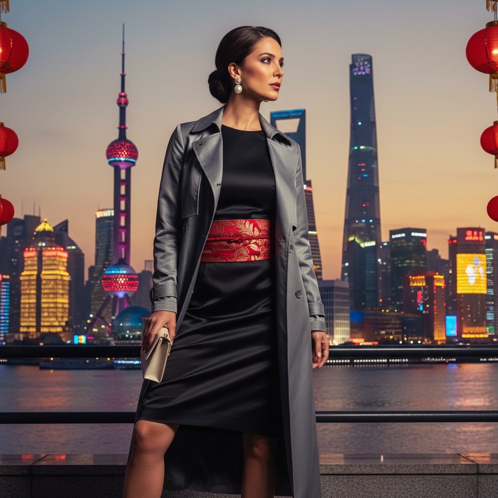 Sarah, a striking Middle Eastern female figure aged 35, stands against the vibrant skyline of Shanghai at dusk. She embodies modern sophistication, dressed in a sleek gray silk trench coat cinched with a crimson embroidered obi belt over a form-fitting black mikado silk dress. Her oversized pearl earrings and minimalist clutch add to her elegant look. The enchanting backdrop features a blend of neon lights and traditional lanterns, capturing the city's dynamic essence. With one leg forward and her left arm gracefully bent, she gazes confidently into the distance. The lighting creates a dramatic ambiance, accentuating her features and the rich textures of her attire, evoking a sense of aspiration and empowerment.