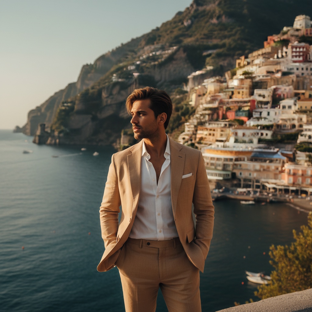 James, a 34-year-old Indian male traveler, stands at the edge of a sun-drenched cliff overlooking the azure Mediterranean Sea. He wears a tailored lightweight linen suit in a warm sand hue that flutters in the soft breeze, complemented by a crisp white shirt with the top button undone. His tousled, sun-kissed hair frames his chiseled face as he gazes contemplatively into the distance, with the vibrant cliffs of Positano behind him. The golden hour light bathes the scene in a warm glow, enhancing the rich colors of the landscape and embodying the spirit of wanderlust and adventure. The composition follows the rule of thirds, inviting viewers to engage with the narrative of style and exploration.