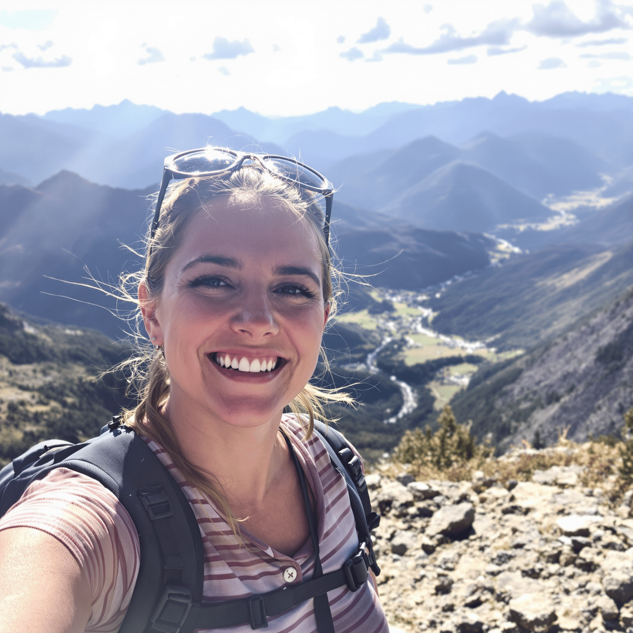 Jane, a 30-year-old female traveler, standing on a scenic overlook with a breathtaking view of mountains and valleys in the background. She's wearing a stylish travel outfit and a backpack, with a joyful expression as she takes in the beauty of her surroundings. The sunlight is illuminating her face, capturing the spirit of adventure and exploration in a beautiful setting.
