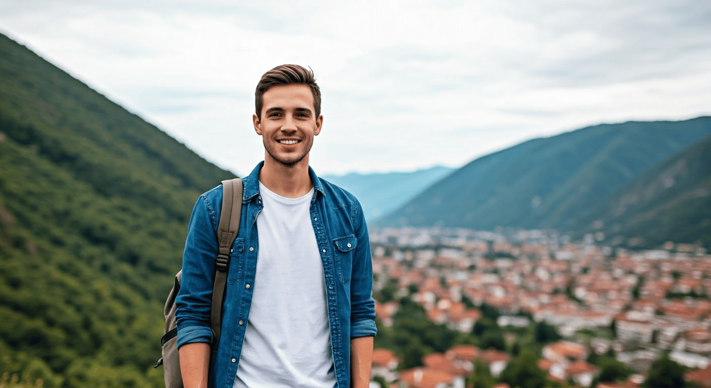 Smiling young man in a blue denim shirt standing against a scenic mountain backdrop overlooking a town.