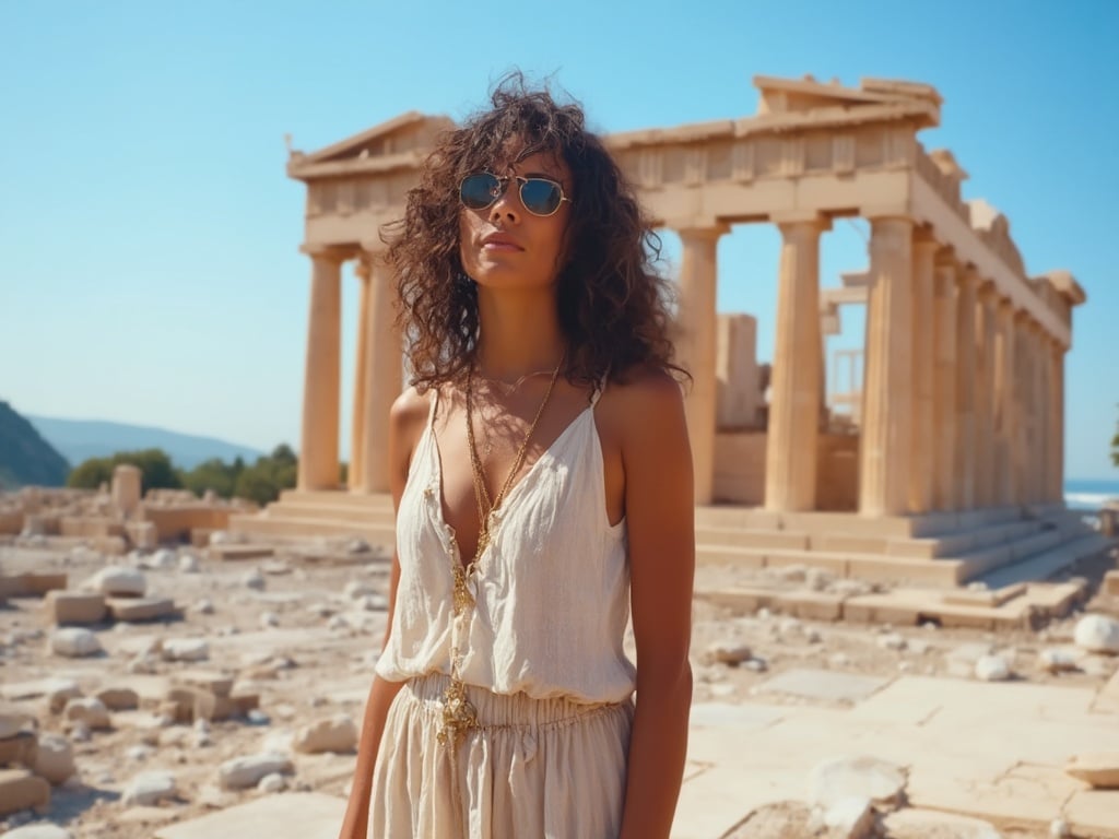 Emily, a 40-year-old Latin female, standing in front of the iconic Parthenon in Athens. She has curly dark hair and is dressed in a stylish summer outfit suitable for sightseeing. The image captures her engaging with the historical backdrop, showcasing her appreciation for the rich culture and history of Athens, under a clear blue sky.