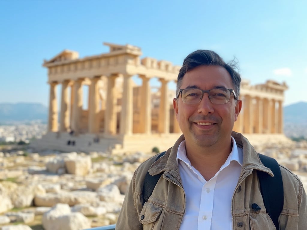 John, a 40-year-old Asian male, standing in front of the iconic Acropolis in Athens. He is dressed in casual attire, enjoying the historical surroundings. The scene captures the beautiful architecture of the ancient ruins under a clear blue sky, showcasing the rich cultural heritage of Athens and John’s connection to this magnificent place.