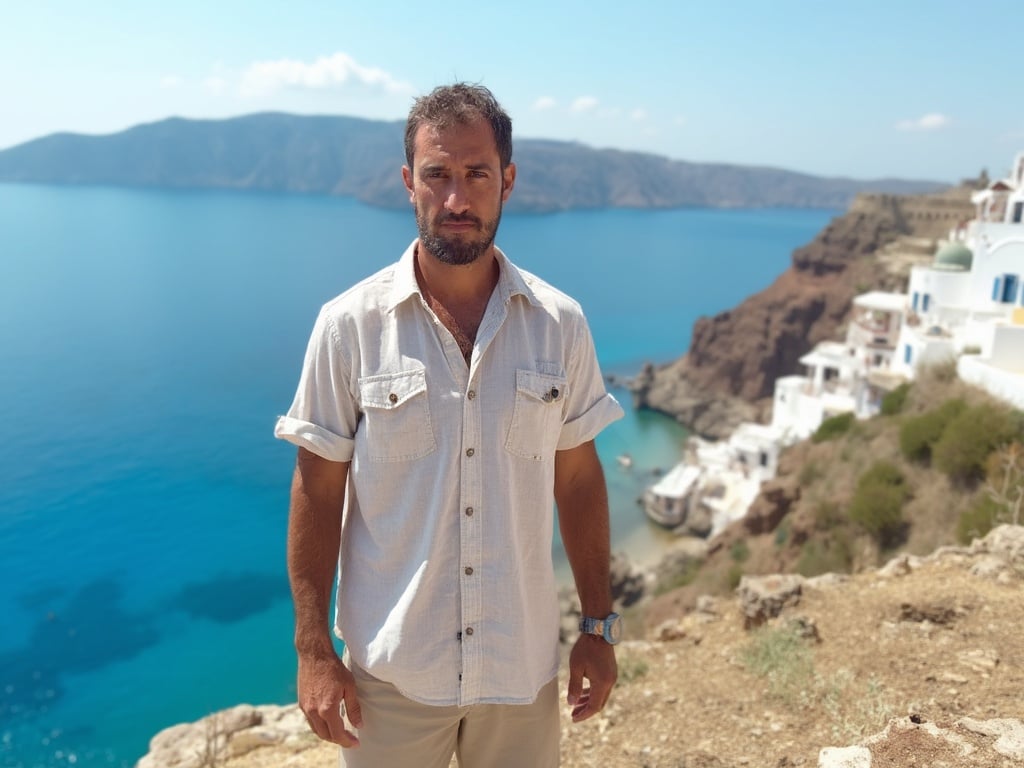 David, a 35-year-old Middle Eastern male, standing on a picturesque cliff overlooking the stunning landscapes of Greece. He is dressed casually in a lightweight summer shirt and shorts, with the vibrant blue sea and whitewashed buildings of a coastal village in the background. The scene captures a sense of tranquility and adventure, with soft sunlight illuminating David's features and the beauty of Greece.