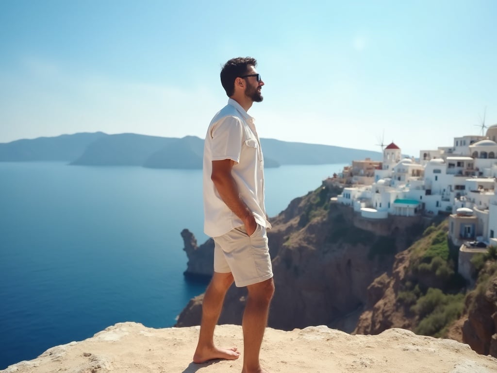 David, a 25-year-old Arab male standing on a sunlit cliff overlooking the stunning coastline of Greece. He is dressed casually in a light summer shirt and shorts, with the blue Mediterranean Sea and white-washed buildings in the background. The scene captures the essence of a perfect summer day in Greece, highlighting David's relaxed and adventurous spirit. The warm sunlight enhances the vibrant colors of the landscape, creating a picturesque setting for the photo.