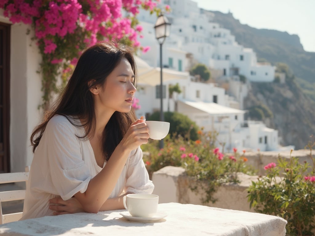 Emily, a 40-year-old Asian female, sitting at a charming outdoor café in Greece, surrounded by beautiful white-washed buildings and vibrant flowers. She is enjoying a cup of coffee, with a serene expression on her face, basking in the warm Mediterranean sun. The picturesque setting reflects the tranquility and beauty of Greek culture, emphasizing Emily's lifestyle and appreciation for vibrant surroundings.
