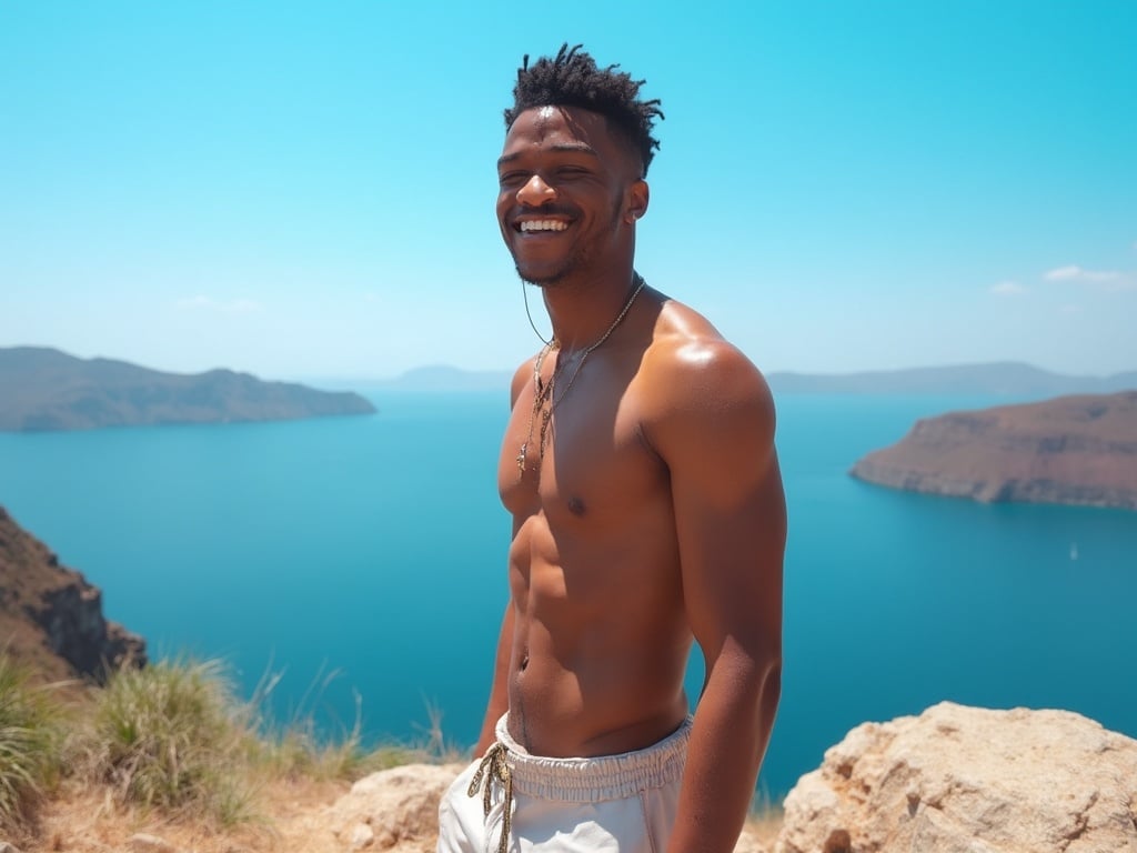 A young black male, John, 25 years old, standing on a scenic cliff in Greece with breathtaking views of the Aegean Sea in the background. He is dressed in a casual summer outfit, with a joyful expression on his face, reflecting the beauty and warmth of a sunny Greek day. The clear blue sky complements the stunning landscape, capturing the essence of a perfect summer vacation.