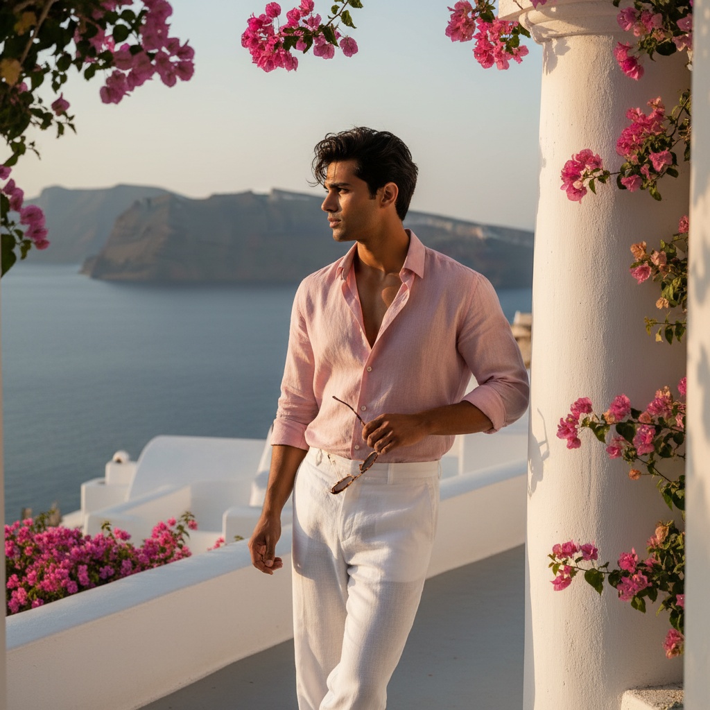 John, a 29-year-old Indian male model exuding the timeless charm of a modern Greek god, stands on a sun-drenched terrace overlooking the azure Aegean Sea in Greece. He wears fluid, linen trousers of pristine white and a tailored, open-collared shirt in soft shell pink. His sun-kissed skin glistens as the warm Mediterranean breeze tousles his dark hair. One hand rests against a whitewashed column, and the other holds tortoiseshell sunglasses. Bougainvillea frames the scene amid Santorini's iconic architecture, all bathed in soft, golden hour lighting, capturing the essence of summer romance and wanderlust.