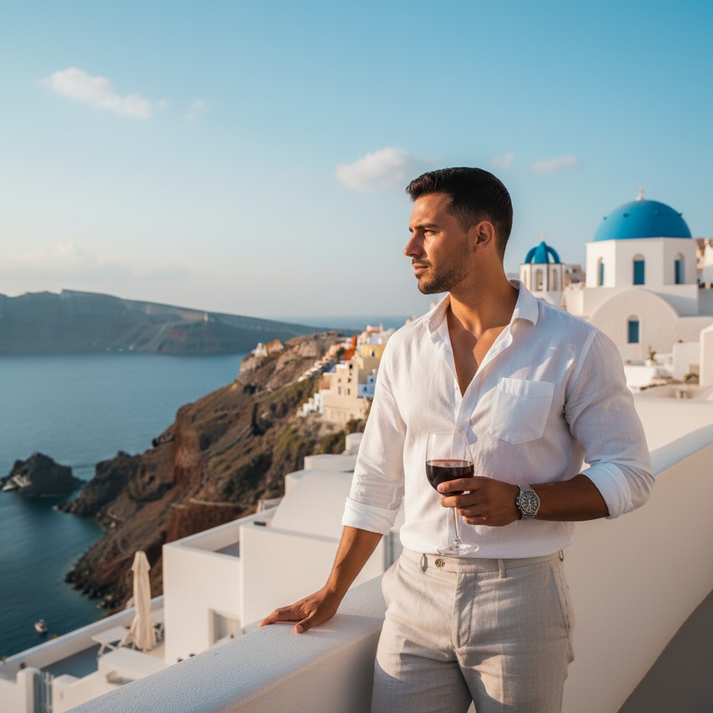 Michael, a 31-year-old Latin man exuding effortless charm of a modern-day Adonis, stands on a sun-drenched terrace in Greece overlooking the azure waters of the Aegean Sea. He's dressed in lightweight, tailored linen shorts and a crisp, white cotton button-down, casually unbuttoned at the collar, revealing a hint of a sun-kissed chest. One hand rests on a rustic stone railing while the other holds a glass of ruby-red wine, glinting in the soft glow of late afternoon light that bathes him in a golden aura. The backdrop features the iconic white-washed buildings of Santorini under a vibrant blue sky, capturing the essence of Greek summer and wanderlust.