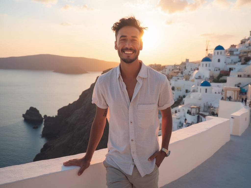 A 30-year-old Asian male, Michael, standing on a picturesque terrace in Santorini, overlooking the iconic blue-domed churches and the Aegean Sea. He is casually dressed in a light summer shirt and shorts, with a relaxed smile, embodying the laid-back charm of the island. The sun sets in the background, casting a warm glow over the stunning landscape, highlighting Michael's enjoyment of this beautiful setting.
