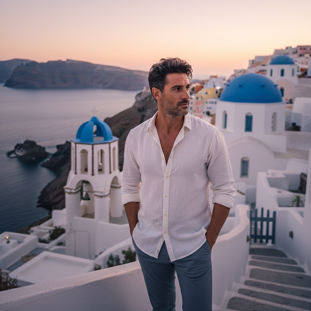 James, a ruggedly handsome Middle Eastern male figure aged 35, stands at the edge of a whitewashed terrace in Oia, Santorini. The iconic blue-domed churches and cerulean sea stretch out behind him, all bathed in the golden glow of the setting sun. He exudes an effortless style in a lightweight linen button-up shirt, ivory in color, with sleeves rolled up and tailored slate-colored trousers that flutter in the breeze. His tousled hair catches the soft light as he gazes thoughtfully into the distance, embodying a sense of adventure against the picturesque backdrop. The intricate play of light creates soft shadows across his angular features, enhancing the emotional depth, capturing the essence of a modern-day lord amidst the beauty of life’s transience, evoking a deep yearning for freedom. The scene is both iconic and profoundly evocative.