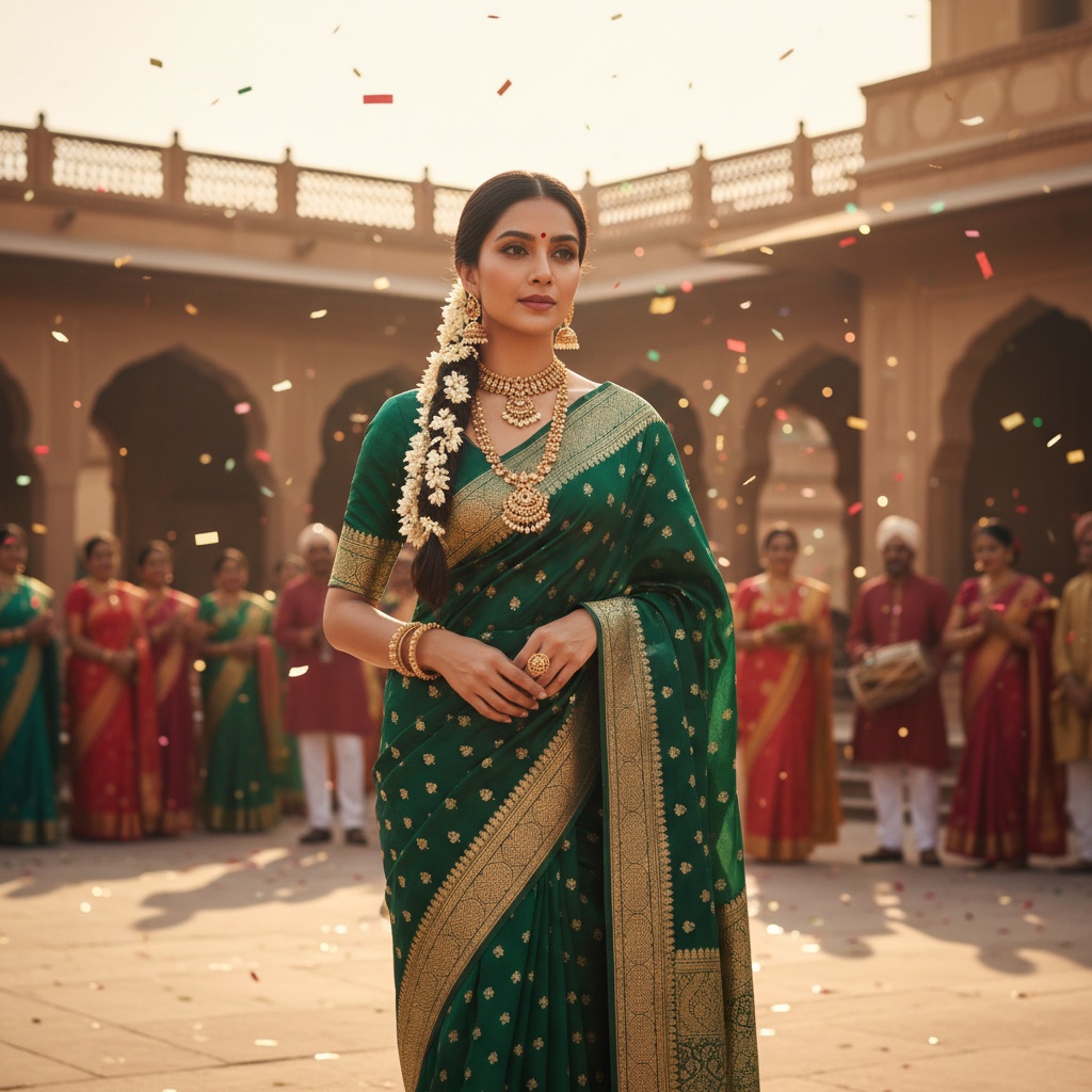 Jane, a stunning 27-year-old Latina woman embodying India's cultural spirit during a vibrant celebration, dressed in a rich emerald green saree made from luxurious silk, intricately embroidered with gold zari and adorned with delicate sequins. Her hair is styled in a traditional braid decorated with fresh jasmine blossoms, enhancing her regal look. She wears bold gold statement jewelry, holding the saree with poise against the backdrop of a historic palace courtyard, bathed in the warm, golden glow of the late afternoon sun. The composition captures her grace and invites admiration, symbolizing femininity and cultural heritage, with a focus on modern artistry.