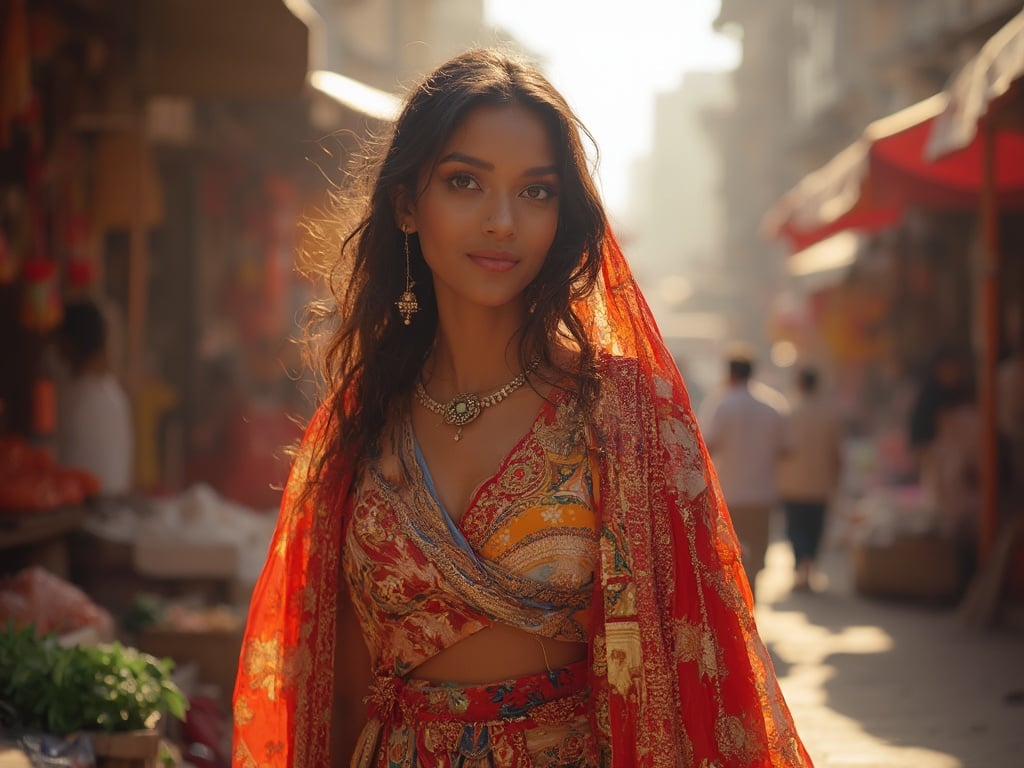 Emily, a 30-year-old Black female, posing confidently in a vibrant street of Delhi. She is dressed in a colorful traditional Indian outfit, showcasing the rich culture of the city. The backdrop features bustling markets and historic architecture, capturing the essence of Delhi. The image radiates warmth and vibrancy, reflecting Emily's charm and the lively atmosphere around her, with a hint of sunset light enhancing the colors.