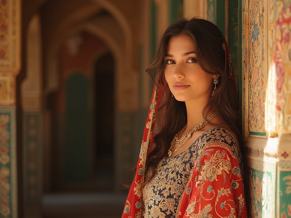 A portrait of Jane, a 40-year-old Arab female in Delhi, elegantly dressed in traditional attire that reflects her cultural heritage. The image captures a serene moment with Jane standing against a backdrop of vibrant Delhi architecture, showcasing intricate designs and textures. The lighting is warm, illuminating her features and the colors of her outfit, creating a welcoming and harmonious atmosphere. The scene reflects the rich culture and diversity of Delhi, highlighting Jane's connection to her roots.