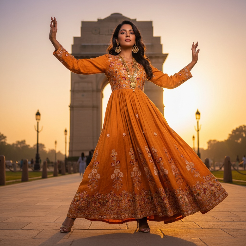 Jane, a 27-year-old Arab female model, stands gracefully against the backdrop of India Gate during the golden hour. Adorned in a breathtaking saffron khadi silk dress with intricate hand-embroidered floral motifs, she embodies empowerment and tradition. The sculptural pose, with her left leg slightly forward and arms extended, reflects feminine strength as the warm glow highlights her features and the rich textures of her outfit. Oversized gold earrings and a layered necklace enhance her regal appearance, making her a modern-day goddess amidst the historical grandeur.