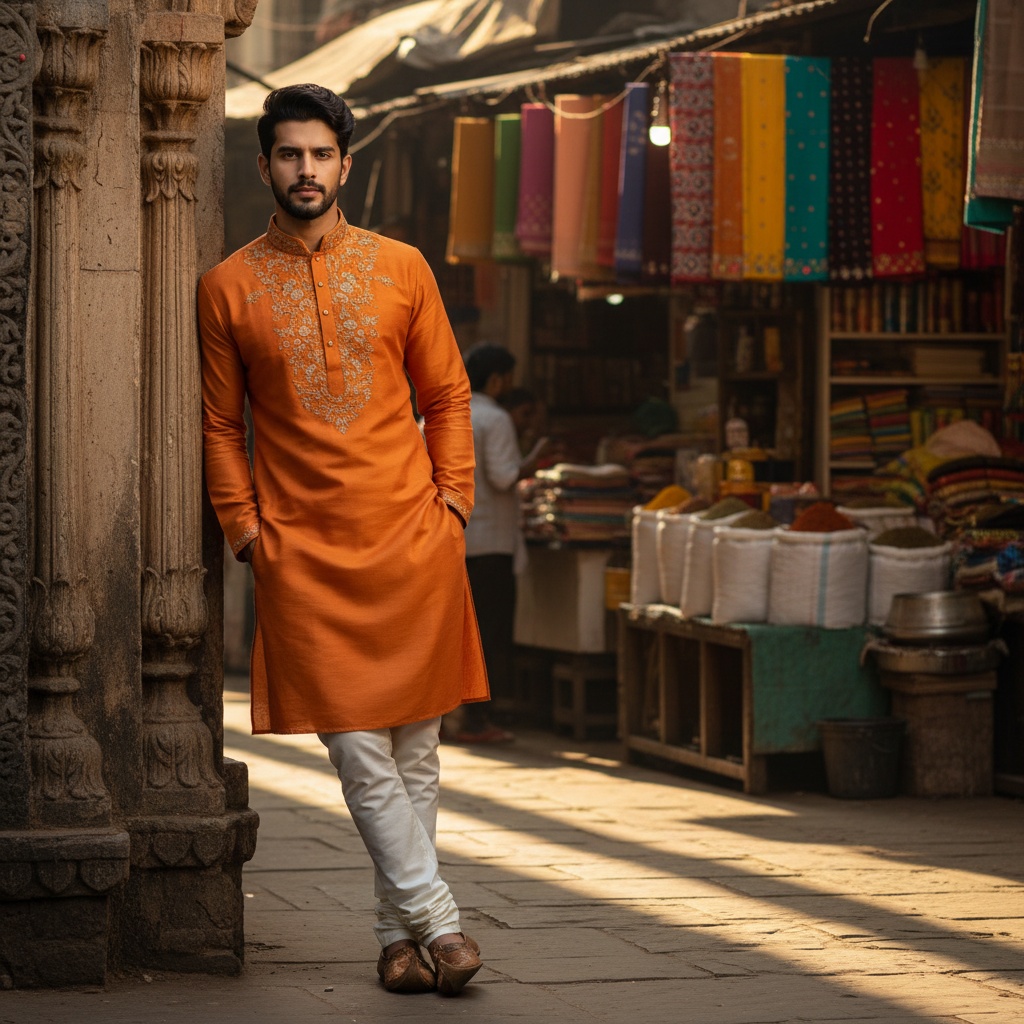 John, a captivating 23-year-old male model, stands confidently at the bustling heart of Mumbai, dressed in a tailored saffron kurta with intricate hand-embroidered floral motifs along the neckline, paired with fitted white trousers. He has stylish soft waves in his hair and a well-groomed beard. The vibrant backdrop features colorful local markets filled with textiles and spices, set during the golden hour which casts a warm glow, creating dramatic shadows around him. Leaning against an ornate archway with one hand casually in his pocket, he embodies modern Indian masculinity and the spirit of Mumbai's vibrant culture.