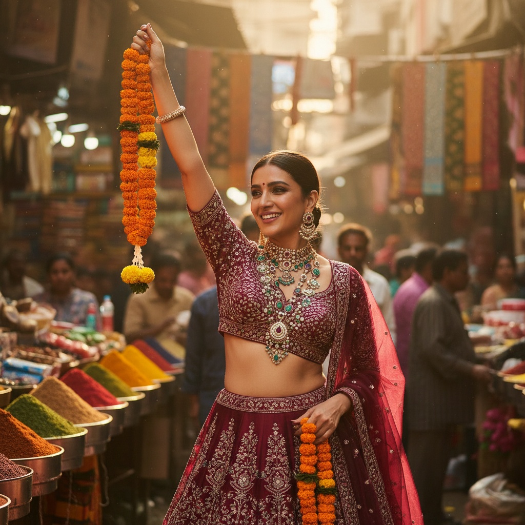 Olivia, a 29-year-old Middle Eastern woman, embodies the vibrant spirit of Mumbai's street culture. She wears a striking fusion outfit, a contemporary hand-embroidered lehenga in rich maroon silk with an intricately beaded cropped choli. Layers of statement necklaces adorned with vibrant gemstones cascade over her neckline, and bold, oversized earrings frame her face. Set against the bustling backdrop of Mumbai's colorful marketplaces, the energy is palpable with stalls overflowing with spices and textiles, warm golden sunlight filtering through the crowd. Her dynamic pose features one arm raised triumphantly while the other holds a traditional marigold garland. The photograph utilizes a shallow depth of field, focusing sharply on her radiant expression against a softly blurred crowd, embodying joy and resilience—a powerful narrative of femininity and cultural pride in an unforgettable editorial moment.