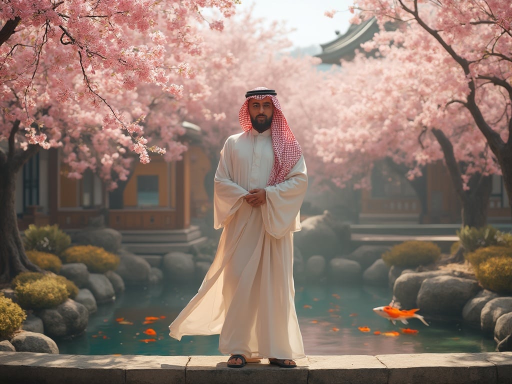 James, a 40-year-old Arab male, standing confidently in a serene Japanese garden. He is dressed in traditional attire, blending elements of both cultures, showcasing a harmonious connection. The setting features beautiful cherry blossom trees in full bloom, a tranquil pond with koi fish, and traditional Japanese architecture in the background, creating a peaceful and reflective atmosphere.