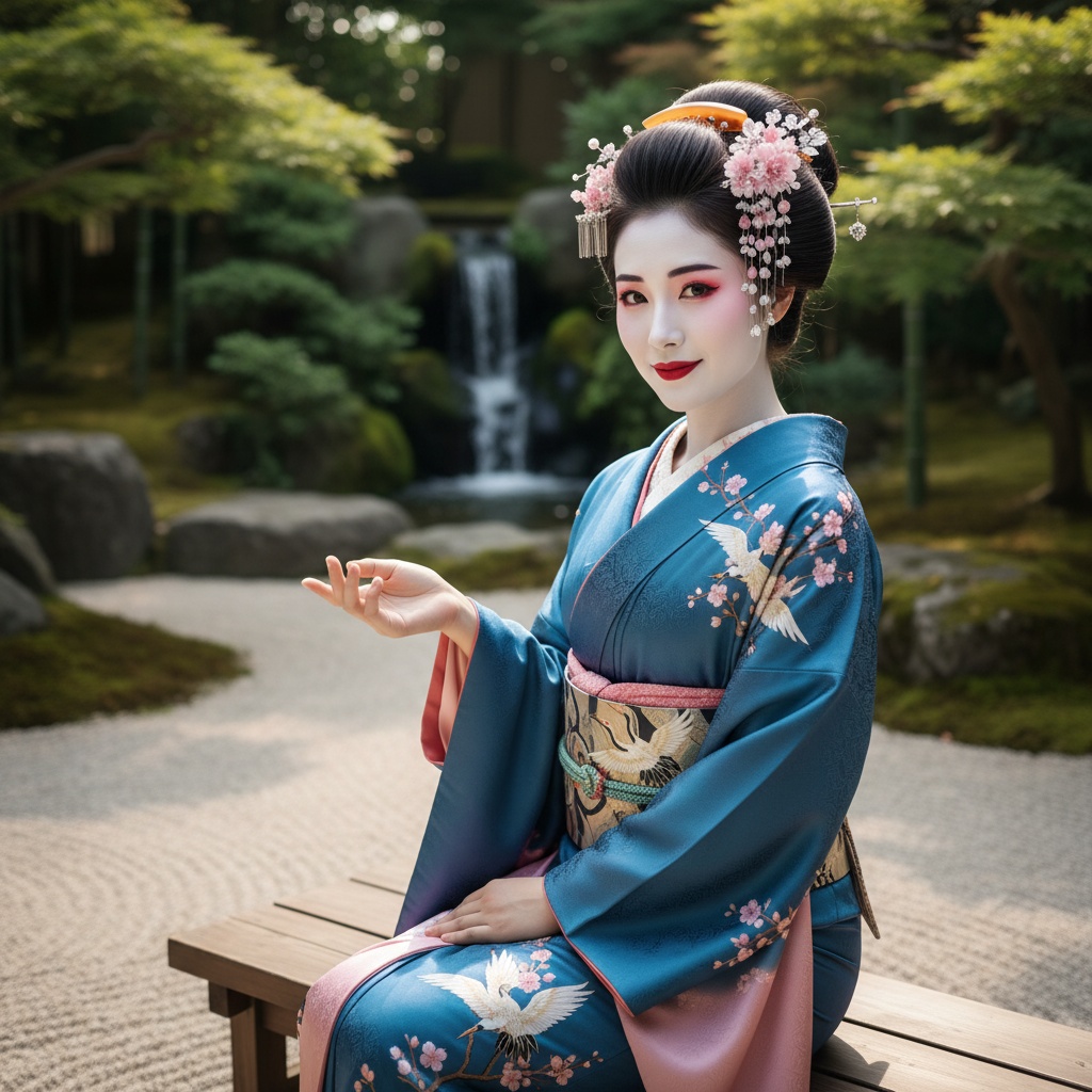 Olivia, a captivating 31-year-old woman embodying the essence of a modern Geisha, positioned gracefully in a tranquil Zen garden in Japan. She is draped in a mesmerizing kimono crafted from iridescent silk in shades of indigo and cherry blossom pink, featuring delicate embroidered motifs of cranes and cherry blossoms. Her intricate updo adorned with kanzashi hairpins sparkles against the lush greenery, while her porcelain skin is highlighted by traditional white foundation and bold red lips. Soft, diffused natural light filters through the foliage, creating a dreamy aura as she invites the viewer into this serene world, balancing Japan's rich cultural heritage with modern elegance. The serene expression exudes peace, grace, and timeless beauty.
