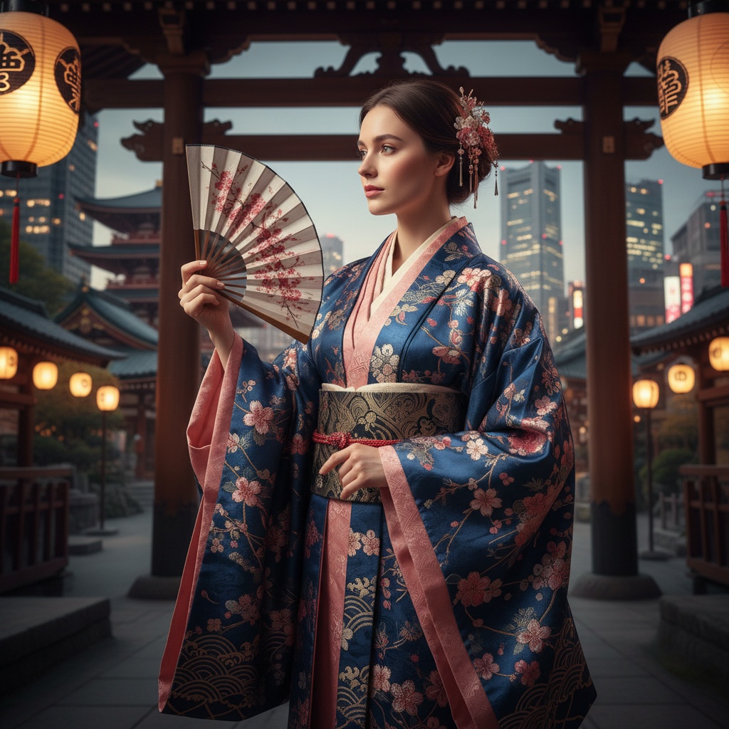 Olivia, a 31-year-old Caucasian woman, embodies the spirit of modern Japan in an elaborate, high-fashion kimono-inspired ensemble. She wears intricately embroidered layers of silk in indigo and cherry blossom pink, with delicate cherry blossom motifs. Set against a backdrop of ancient temple architecture blending with the urban Tokyo skyline, soft lantern light bathes her in a warm glow, highlighting her porcelain skin and the intricate details of her attire. Her hair is styled in an elegant updo with traditional kanzashi hairpins. In one hand, she holds a partially open folding fan, creating a pose that resonates with both nostalgia and modernity, reflecting the essence of a contemporary geisha. The composition emphasizes her presence with ample negative space, captured beautifully in this striking image.