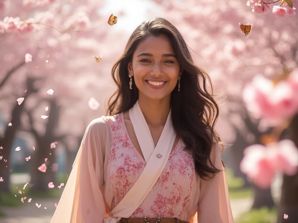Sarah, a 25-year-old Indian female, standing gracefully amid cherry blossoms in full bloom in Japan. She is dressed in a traditional yet fashionable outfit, showcasing her cultural heritage. The background features picturesque cherry blossom trees with soft pink petals gently falling, creating a serene and enchanting atmosphere, capturing the beauty of spring in Japan. The lighting is soft and warm, enhancing the overall tranquil feeling of the scene. The focus is on Sarah's joyful expression, embodying the spirit of the season.