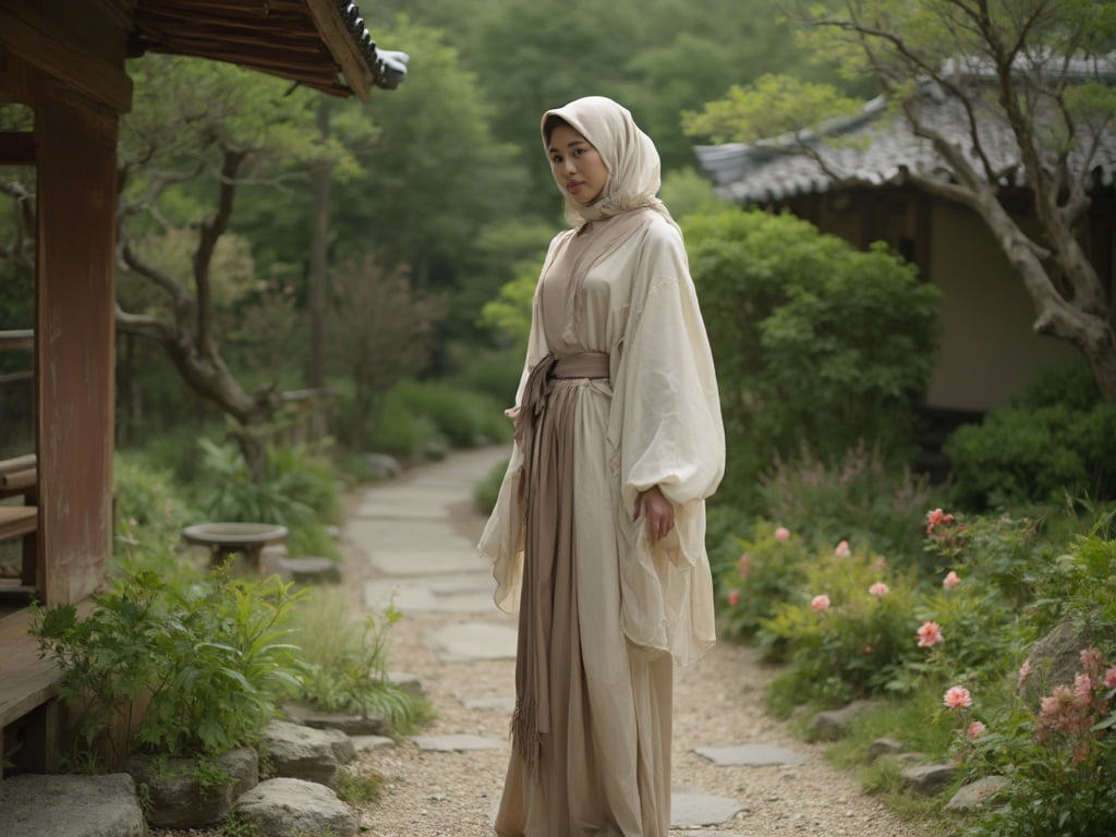 A 25-year-old Arab woman named Sarah, standing gracefully in a traditional Japanese garden. She is dressed in a modern yet modest outfit that blends cultural elements. The scene captures the serene beauty of Japan, with lush greenery and carefully arranged flowers around her, embodying tranquility and harmony in an exquisite cultural setting.