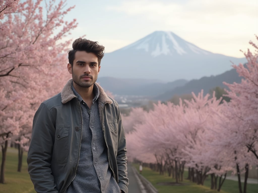 James, a 30-year-old Middle Eastern male, standing in a serene setting in Hakone, Japan. He is dressed in a casual yet stylish outfit, surrounded by beautiful cherry blossom trees and a glimpse of Mount Fuji in the background. The scene captures the tranquility and natural beauty of Hakone, with soft lighting enhancing the peaceful atmosphere.
