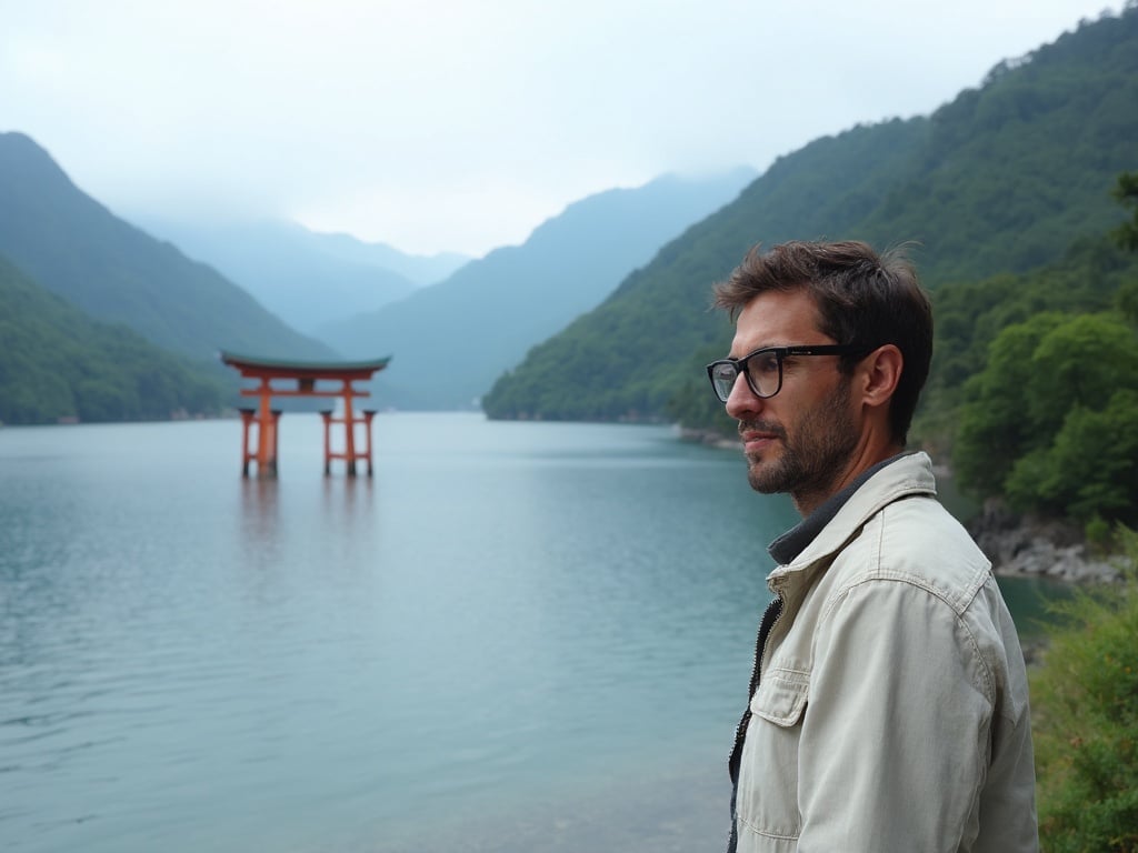 A 40-year-old male of Latin descent, James, standing by Lake Ashi in Hakone, Japan. He is dressed casually in a light jacket, enjoying the serene view of the lake surrounded by lush mountains. The scene captures the peaceful tranquility of Hakone, with the iconic Torii gate visible in the background, emphasizing a harmonious blend of nature and culture. The image should evoke a sense of relaxation and adventure.