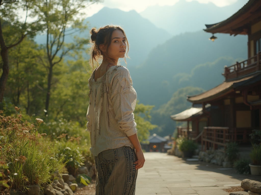 Jane, a 30-year-old Latin female, standing gracefully in Hakone, Japan, surrounded by lush greenery and traditional Japanese architecture. The setting captures the natural beauty of Hakone, with misty mountains in the background and a serene atmosphere. Jane is wearing a stylish, casual outfit that blends with her surroundings, showcasing her vibrant personality. The warm sunlight filters through the trees, creating a soft, inviting glow.