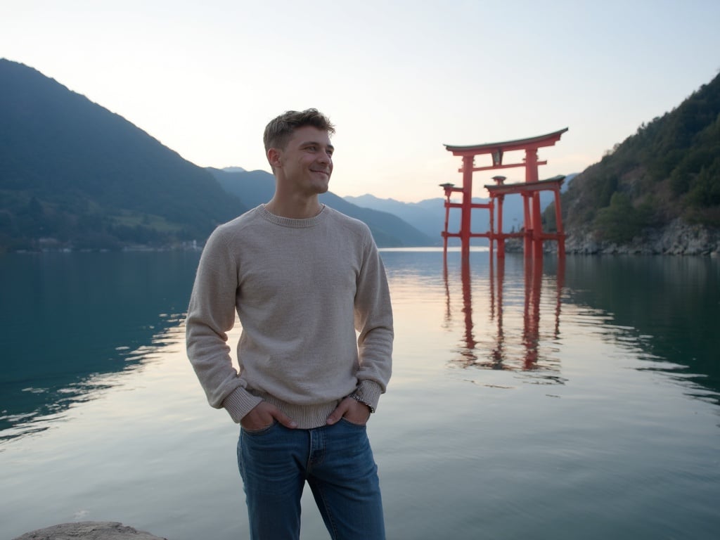 A 25-year-old white male named John standing at the edge of Lake Ashi in Hakone, Japan. He's casually dressed in a light sweater and jeans, enjoying the scenic view of the surrounding mountains and the iconic red torii gate. The setting is serene, with a clear sky reflecting on the lake's surface as the sun begins to set, creating a tranquil and picturesque landscape.