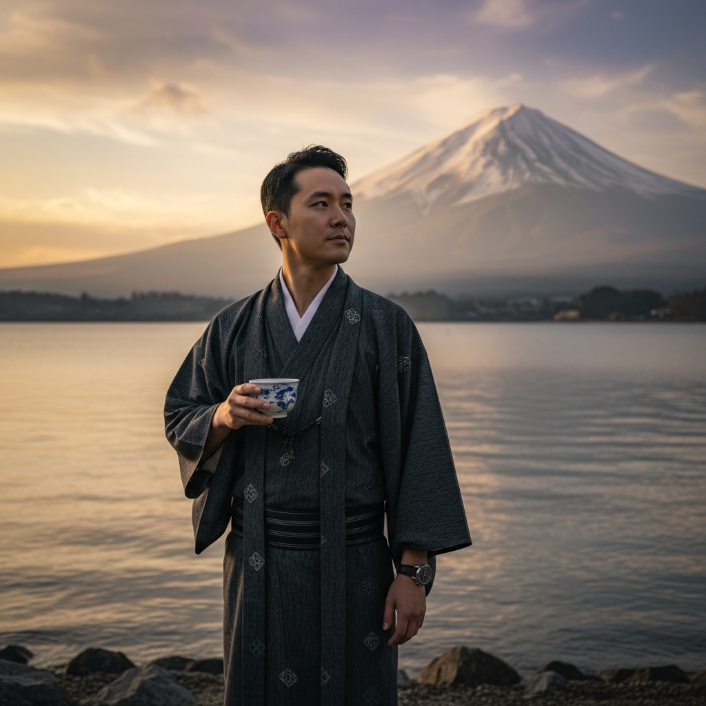 John, a 34-year-old Asian male figure exuding serene sophistication, stands gracefully at the banks of Lake Ashi in Hakone, Japan. He wears an expertly tailored charcoal yukata with intricate patterns, combined with a crisp linen shirt for a modern twist. The iconic silhouette of Mount Fuji rises in the mist behind him, while the lake reflects soft hues of a dusky sunset, casting a golden glow. His contemplative expression and deep-set eyes reflect the beauty around him as he holds a delicate hand-painted porcelain cup. Dramatic chiaroscuro lighting enhances his features, encapsulating the harmony between tradition and modernity in a breathtaking natural setting. This composition aligns with the rule of thirds, perfectly capturing the peaceful and introspective essence of the moment.