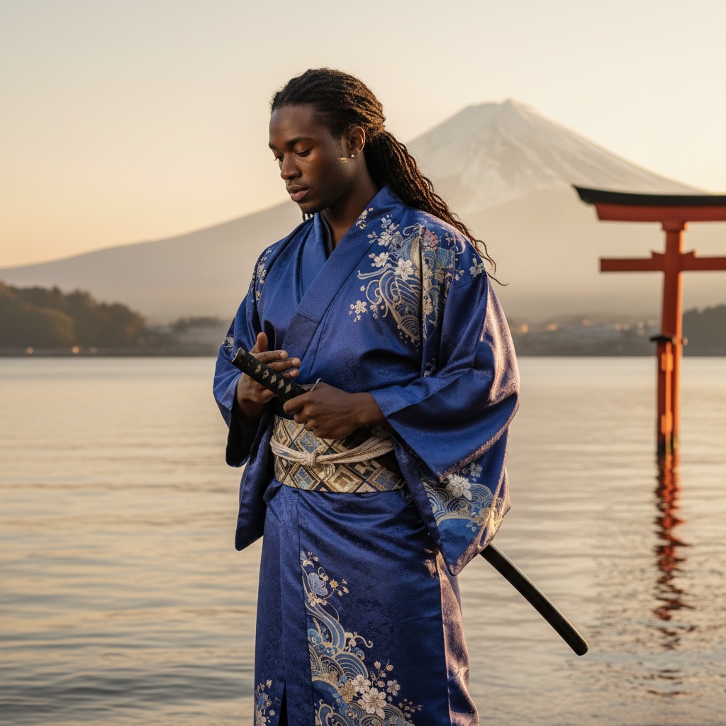 Michael, a striking 28-year-old Black male model, embodies the serene elegance of a modern samurai in a fashion editorial set against the breathtaking backdrop of Hakone’s iconic landscapes. He is wearing a bespoke indigo kimono crafted from luxurious silk, featuring intricate patterns of cherry blossoms and waves. The tailored obi cinches his athletic waist, while his long, dark hair cascades down his back. Captured in a contemplative pose by Lake Ashi, with the majestic Mount Fuji in the hazy distance, the soft, golden dawn light accentuates his angular features, creating an air of introspection and strength. A perfect blend of cultural richness and sophistication, making for a striking visual narrative.  The trigger word is present.