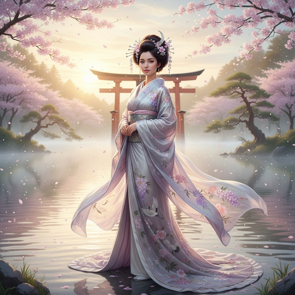 Olivia, a 32-year-old Arab woman, embodies serene elegance as she stands by an ethereal lake in Hakone, Japan. Dressed in a flowing, floor-length kimono made from silk chiffon in soft lavender and silver, intricately hand-painted with floral motifs, she captures the essence of a contemporary muse. Cherry blossoms gently fall around her, and her hair is styled in an elaborate updo adorned with delicate pins. The scene is illuminated by the warm, diffused glow of the golden hour, enhancing her porcelain complexion and creating a tranquil atmosphere that resonates with timeless beauty. Negative space accentuates her connection to the picturesque landscape, reflecting a modern-day geisha's quiet strength, merging tradition with contemporary grace.