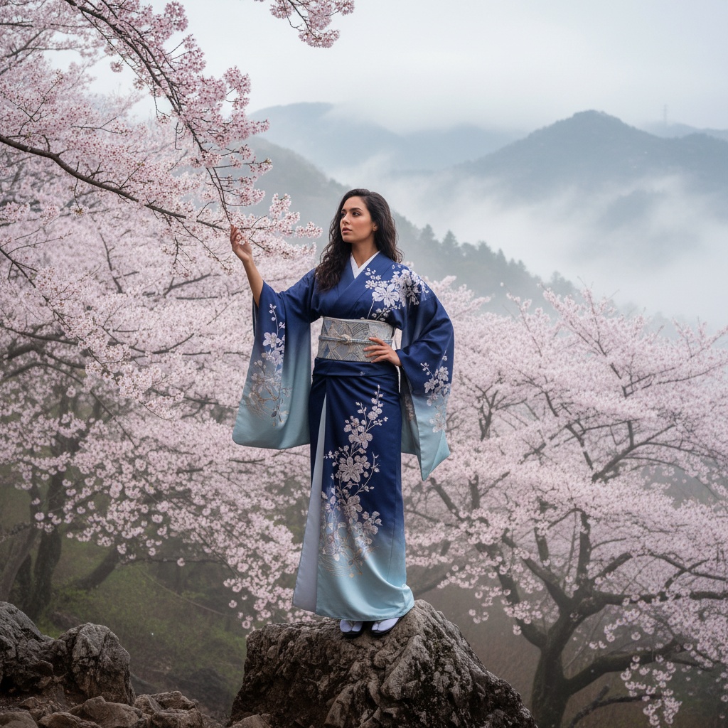 Sarah, a 29-year-old Latin female, embodies the tranquil grace of a modern-day geisha in an editorial shot set against the serene, mist-kissed landscapes of Hakone, Japan. She stands poised atop a rocky outcrop in an exquisite silk kimono of deep indigo and moonstone, featuring intricate cherry blossom embroideries. Her dark hair cascades around her contemplative gaze, as she gently brushes a petal-strewn branch with one hand while the other rests on her hip. Framed by majestic cherry blossom trees and misty mountains, this image captures an ethereal blend of tradition and high fashion in soft, diffused dawn lighting, evoking tranquility and cultural harmony.
