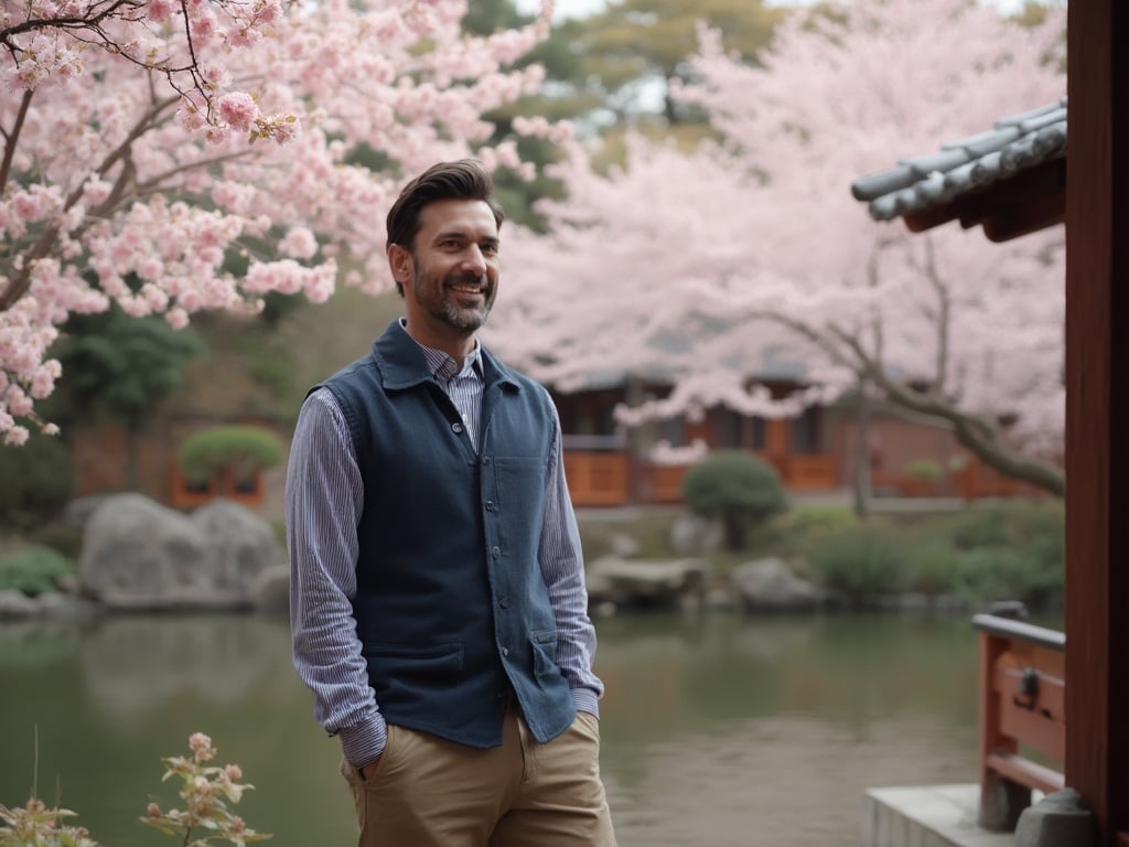 David, a 40-year-old Indian male, standing in a serene traditional setting in Kyoto, Japan. He is dressed in smart casual attire, blending modern fashion with a hint of cultural influence. The background features a beautiful Japanese garden with cherry blossoms in bloom and a tranquil pond, reflecting the essence of Kyoto's historical beauty. The scene captures the calmness and splendor of the setting, showcasing David's connection to the environment.