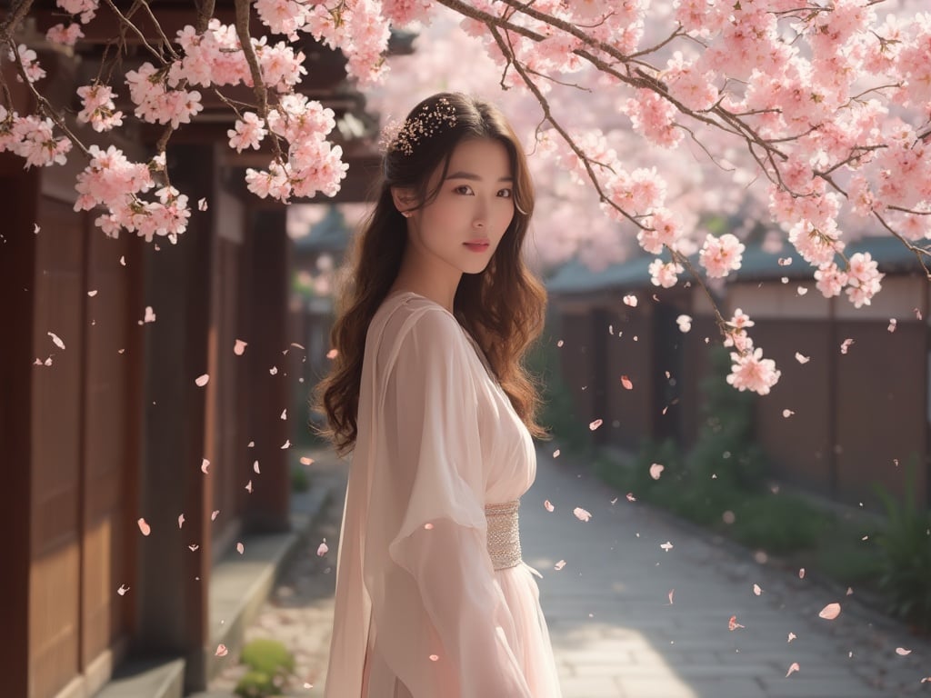 Jane, a 35-year-old Arab female, elegantly dressed, standing in a traditional Kyoto setting surrounded by beautiful cherry blossoms. The scene captures the serene beauty of Kyoto, with classic wooden architecture in the background and soft petals falling gently around her. The lighting is soft and natural, creating a tranquil atmosphere.