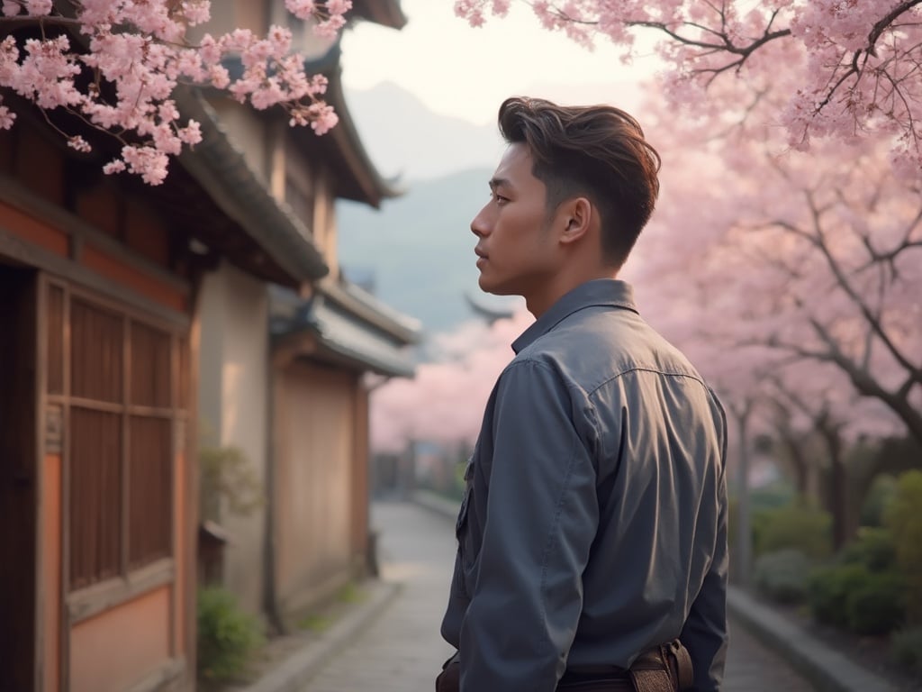 A 40-year-old Latin male, John, standing in a serene setting in Kyoto, surrounded by traditional Japanese architecture and blooming cherry blossoms. The scene captures the tranquil beauty of Kyoto, with soft natural lighting filtering through the trees, enhancing John's reflective expression as he admires the scenery. The image should evoke a sense of peace and cultural appreciation.