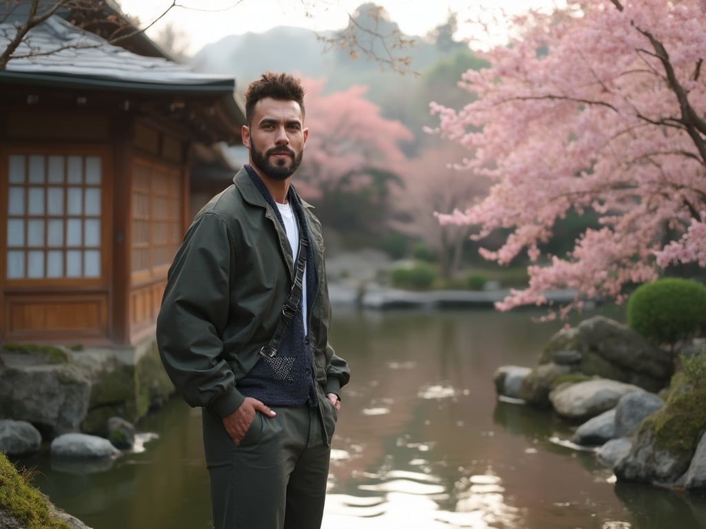 Michael, a 35-year-old Latin male, standing in a serene Zen garden in Kyoto. He is dressed in a casual yet stylish outfit, blending seamlessly with the tranquil surroundings. The background features traditional Japanese architecture, cherry blossoms, and a koi pond, capturing the peaceful essence of Kyoto. The soft, natural lighting highlights his features and the beauty of the setting, making for a captivating image.
