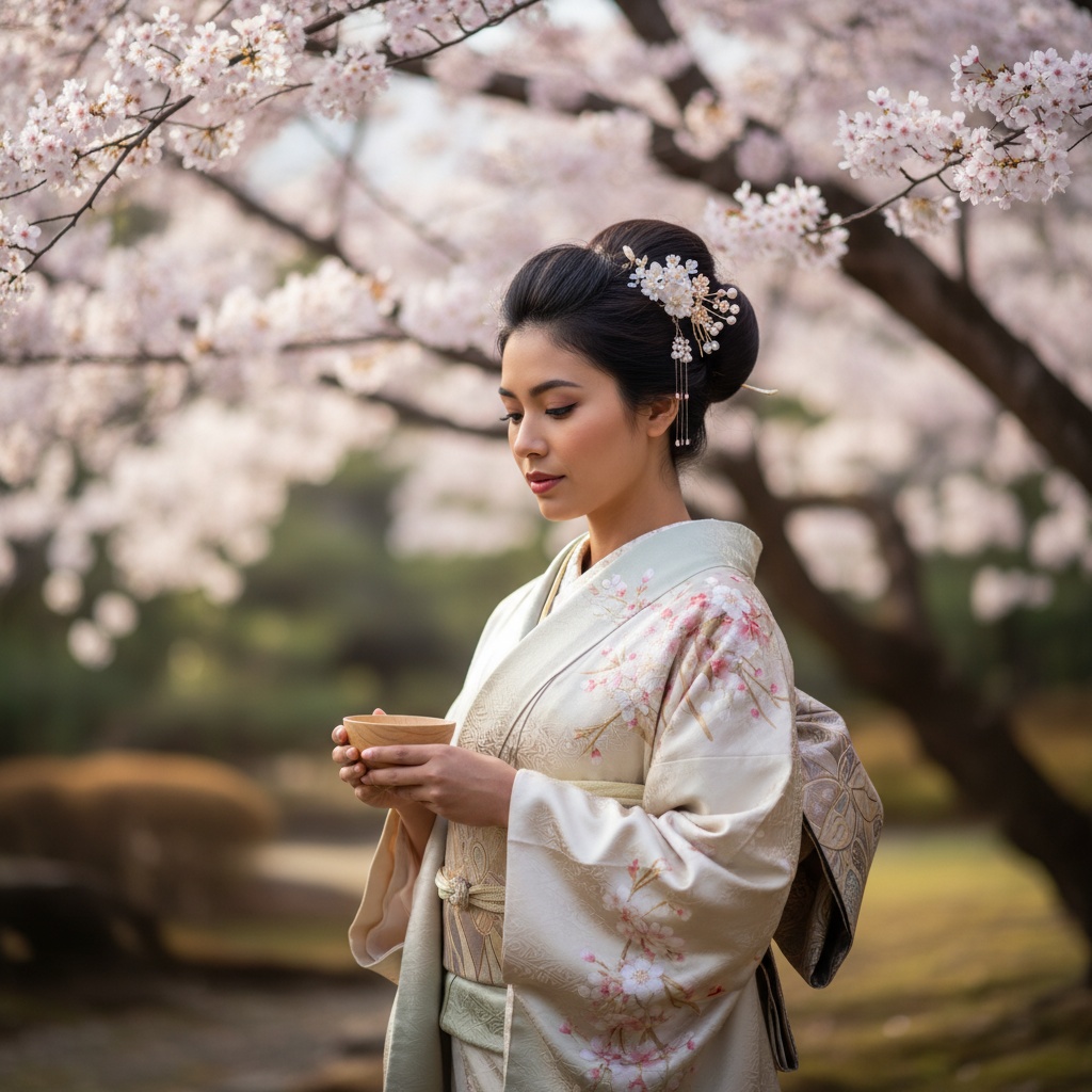A serene portrait of Sarah, a 29-year-old Latin woman, embodying the graceful spirit of Kyoto's timeless beauty. Dressed in an elegant hand-embroidered kimono with cherry blossom motifs in soft pinks and delicate whites, she exudes tranquil elegance. The flowing silk drapes around her, accentuating its intricate craftsmanship in muted ivory and jade. Her hair is styled in an intricate updo with delicate kanzashi hairpieces shimmering in the morning light. The background features sakura trees in full bloom, creating an atmosphere of Japanese spring. Soft and diffused lighting enhances her ethereal presence as she gently holds a traditional wooden teacup, evoking quiet contemplation. The composition balances negative space, focusing on her beauty and cultural significance, resonating with nostalgia and elegance.