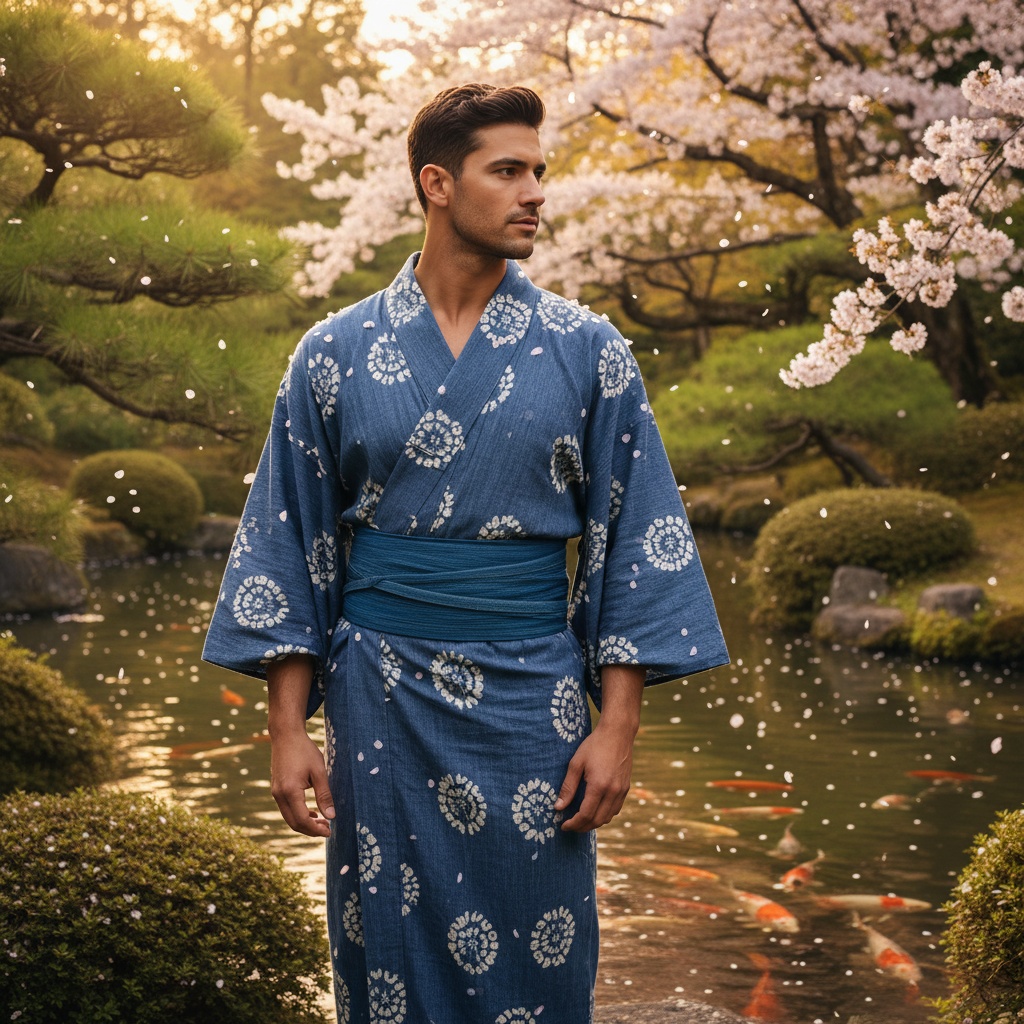 David, a 30-year-old Latin male model embodies the serene elegance of contemporary Nara-inspired aesthetics. He stands in a tranquil traditional Japanese garden, surrounded by lush greenery and blooming cherry blossoms. Clad in a handcrafted kimono made from delicate indigo dye cotton featuring Shibori patterns, the soft lines of the garment wrap around his tall frame, complemented by a structured obi belt. With a grounded stance projecting calm authority, he gazes over a serene koi pond as golden hour sunlight filters through the treetops, creating a dappled effect that highlights his features. The composition emphasizes harmony between David and his environment, with gently falling cherry blossoms symbolizing transience and beauty, inviting a moment of meditative reflection in this striking visual narrative.  The overall atmosphere resonates with quiet contemplation, suitable for contemporary fashion editorial and art spaces.
