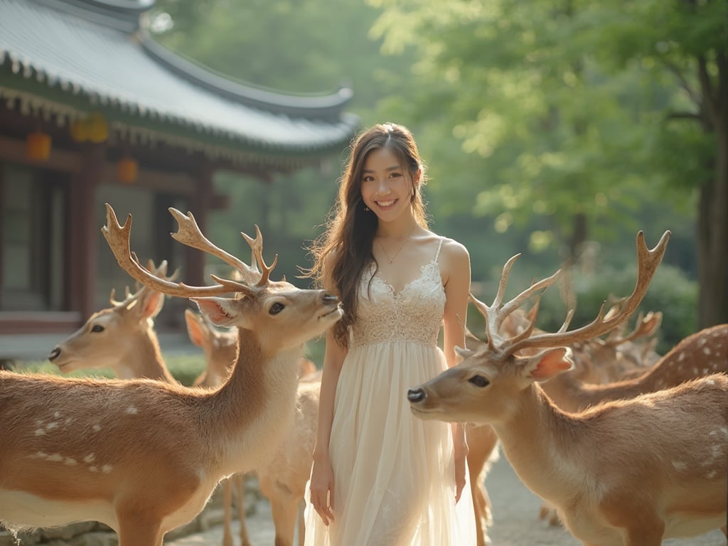 Emily, a 25-year-old Asian female, is standing gracefully among the famous deer of Nara Park. She is wearing a light, flowy dress that reflects her vibrant personality. The scene captures the beauty of Nara in the background, with traditional Japanese architecture and lush greenery surrounding her. Emily is smiling warmly as she interacts with one of the deer, creating a serene and harmonious atmosphere in this picturesque setting. The image should evoke a sense of calm and connection with nature enhanced by the charm of Nara.