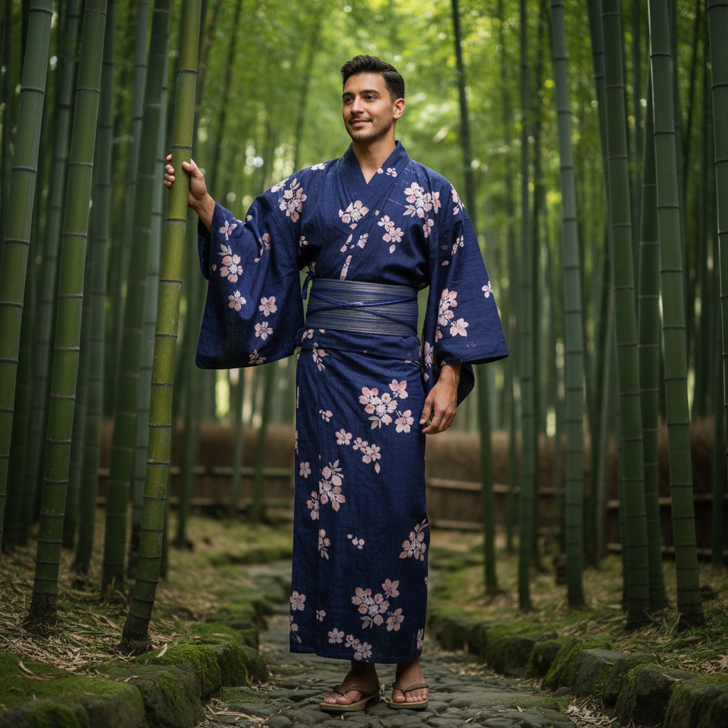 James, a 26-year-old Latin male model in a modern interpretation of traditional kimono attire, stands in a serene bamboo grove in Nara, Japan. He is dressed in a deep indigo yukata made from breathable cotton, featuring intricate sakura blossom motifs in soft blush pink. A tailored obi cinches his waist, enhancing the flowing silhouette. His pose is relaxed yet confident, with a slight thoughtful smile, as he basks in the dappled natural light filtering through the bamboo leaves. This portrait captures the harmony of tradition and modernity, reflecting the peaceful culture of Nara. The composition evokes a sense of tranquility and connection to nature, perfect for a high-end fashion editorial.