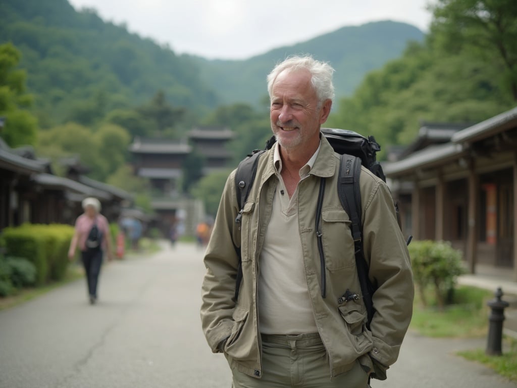 A 40-year-old white male, John, casually walking through the serene setting of Nara, Japan. He is dressed in comfortable outdoor clothing suitable for exploring the natural beauty and historic landmarks of the area. The backdrop features lush greenery and ancient temples, offering a glimpse into the peaceful atmosphere and cultural richness of Nara. John appears engaged and content, enjoying his surroundings.