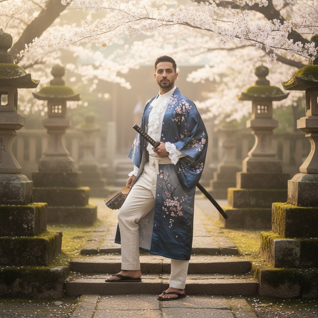 Michael, a 30-year-old Middle Eastern male model embodying a contemporary samurai, stands poised amidst ancient stone lanterns in Nara, Japan. Dressed in a sweeping indigo and charcoal silk kimono adorned with hand-painted cherry blossoms, paired with a white ruffled shirt, tailored linen trousers, and minimalist leather sandals, he exudes a harmonious blend of traditional elegance and modern masculinity. The ethereal morning light filters through cherry blossoms, casting a serene glow on the moss-covered shrine steps and framing the tranquil atmosphere. Michael's commanding yet tranquil posture invites viewers into this nostalgic visual narrative, encapsulating a deep connection to cultural heritage. The soft focus creates a dreamlike quality, enhancing the intimate exploration of identity through tradition.