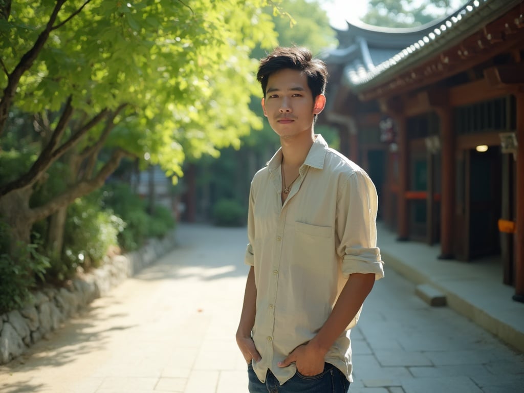 Michael, a 25-year-old Asian male, standing quietly in the serene setting of Nara, Japan, surrounded by lush greenery and ancient temples. He is casually dressed in a lightweight shirt and jeans, exuding a relaxed aura. Soft sunlight filters through the leaves, casting gentle shadows on the ground. The scene captures the tranquil beauty of Nara with its historic architecture and nature, creating a perfect harmony between the subject and the surroundings. The image feels peaceful and reflective, showcasing Michael's connection with this culturally rich site.
