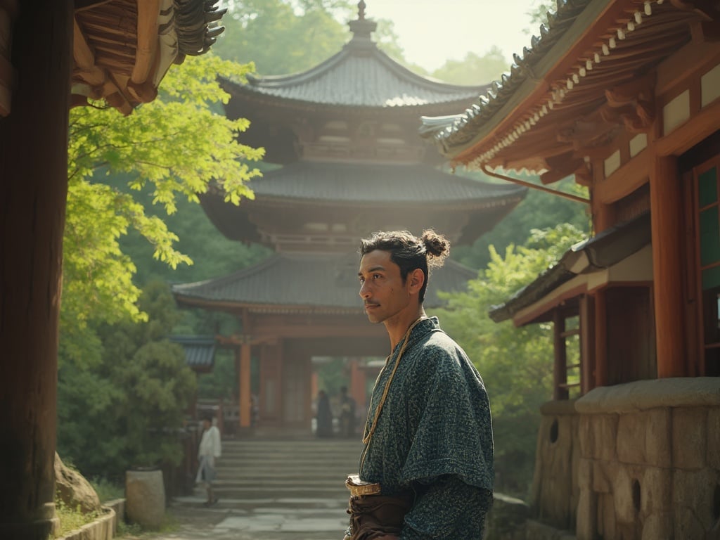 Michael, a 40-year-old Indian male, standing amidst the ancient temples of Nara, Japan. The photo captures him in traditional attire with a modern twist, blending cultural influences. The background features lush greenery and historic architecture, creating a serene atmosphere. Sunlight filters through the trees, highlighting Michael's thoughtful expression as he appreciates the beauty of the surroundings. The image embodies a harmonious blend of cultures and respect for history.