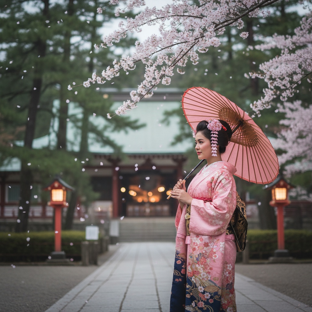 In a serene scene set in Nara, a 30-year-old Arab female model, Sarah, embodies the essence of a contemporary Geisha, gracefully navigating the beauty of Japanese tradition. Dressed in a shimmering silk brocade kimono in shades of cherry blossom pink and deep indigo, adorned with intricate floral designs and gold thread embroidery. One hand delicately holds a traditional parasol while the other sways gently, brushing against falling cherry blossoms. The iconic Todai-ji Temple and majestic cedar trees create a tranquil backdrop, softly illuminated by warm lantern light. The image captures the ethereal beauty and elegance of femininity, inviting viewers into a world where nature and art intertwine, enhanced by soft lighting and a shallow depth of field, creating a harmonious composition. This shot resonates deeply with a sense of peace and cultural nostalgia, reflecting the timeless allure of tradition against a modern touch.