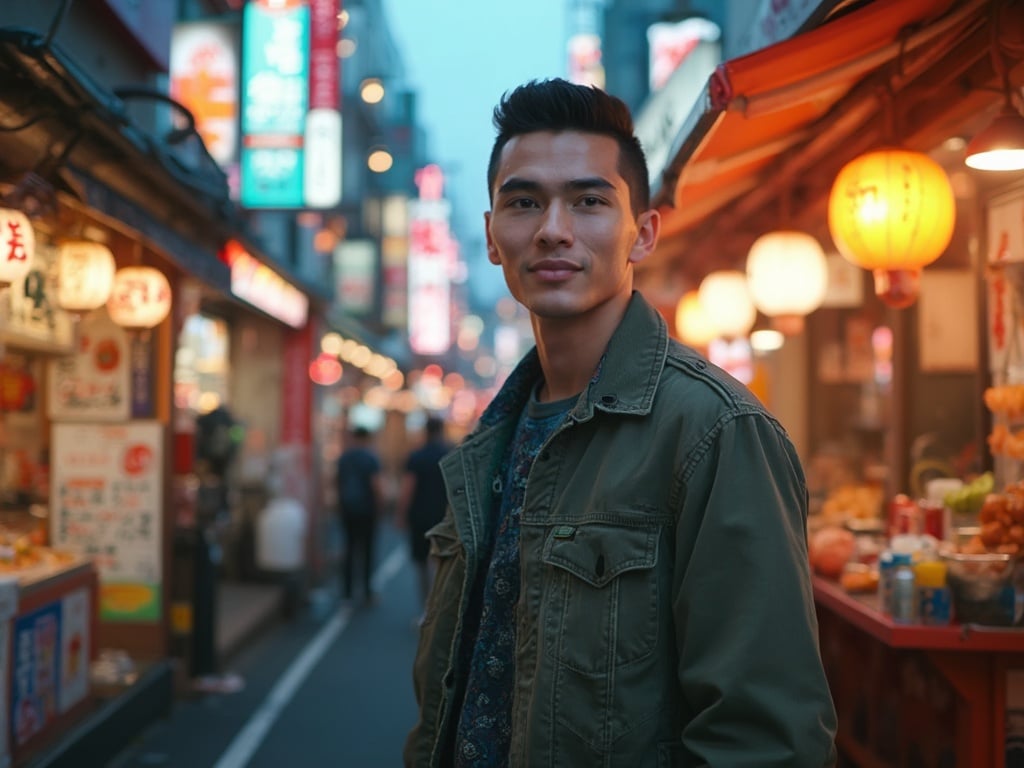 David, a 25-year-old Middle Eastern male, is posing confidently in a vibrant street setting of Osaka. He has short, stylish hair and is dressed in a modern casual outfit, standing in front of a bustling street lined with neon signs and food stalls. The atmosphere captures the lively essence of Osaka, with the blend of traditional and contemporary elements in the background, showcasing the culture and energy of the city, while David appears relaxed and engaging.