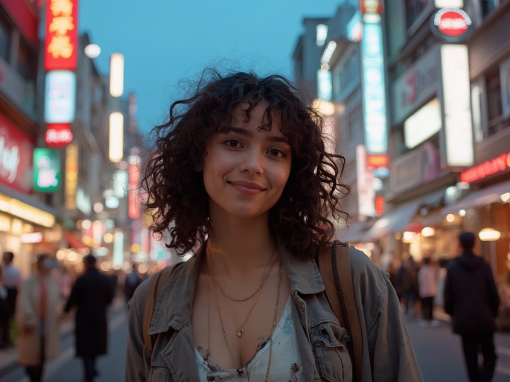 Emily, a 35-year-old Arab female, standing confidently in the bustling streets of Osaka at dusk. She has medium-length curly hair and is dressed in a stylish but casual outfit that blends modern and traditional styles. The vibrant cityscape of Osaka is illuminated in the background with neon lights and traditional architecture, creating a dynamic urban atmosphere. Emily’s expression is warm and inviting, showcasing her connection to the vibrant city around her. The image captures the essence of cultural harmony in a modern setting, with a focus on Emily's radiant persona.